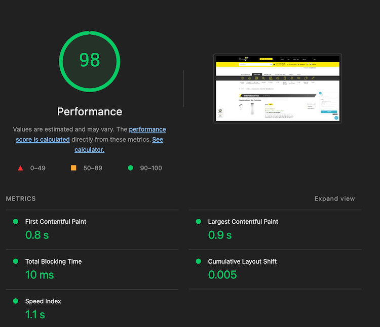 Lighthouse Performance Score von 98 für eine Produkteseite des aXpel Shops