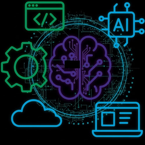 Visualisierung moderner IT-Lösungen: KI, Cloud, Webentwicklung und Prozessautomatisierung als Teil der digitalen Transformation.