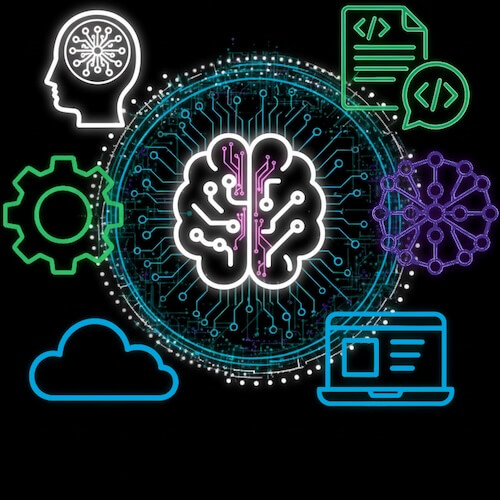 Ikonografische Darstellung der Entwicklung eines KI-Agenten mit einem leuchtenden Gehirn im Zentrum, einem KI-Kopf, einem Code-Dokument, einem Laptop, einer Cloud, einem Zahnrad und einem Netzwerkdiagramm auf einem Leiterplattenhintergrund mit Neonlinien.
