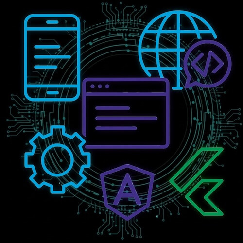 Illustration der Web und App Entwicklung mit dem Angular und Flutter logo
