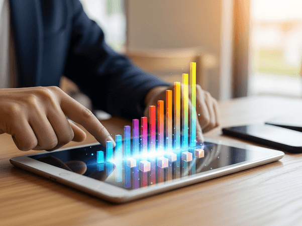 A tablet on a table with bright charts showing the sales growth of a shop. A man is sitting in front of it.